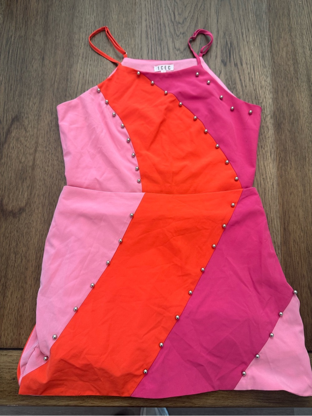 TCEC Girls' Pink, Hot Pink & Orange Colorblock Dress with Silver Studs